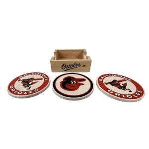 Set of 3 MLB Baltimore Orioles Baseball Team Coasters, Wooden Holder